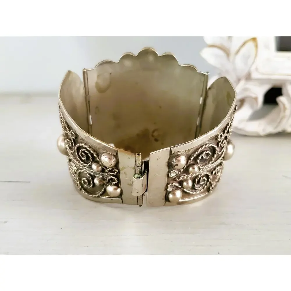 Vintage Large Silver Panel Onyx Mexico Panel Bracelet